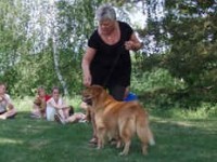 Annie visar med farfar Charlie hur man ställer ut sin hund.